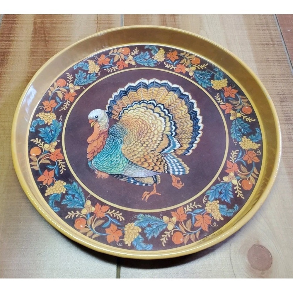 Vintage Thanksgiving‎ Tin Serving Tray Round Platter Turkey Gobble Gobble 90s